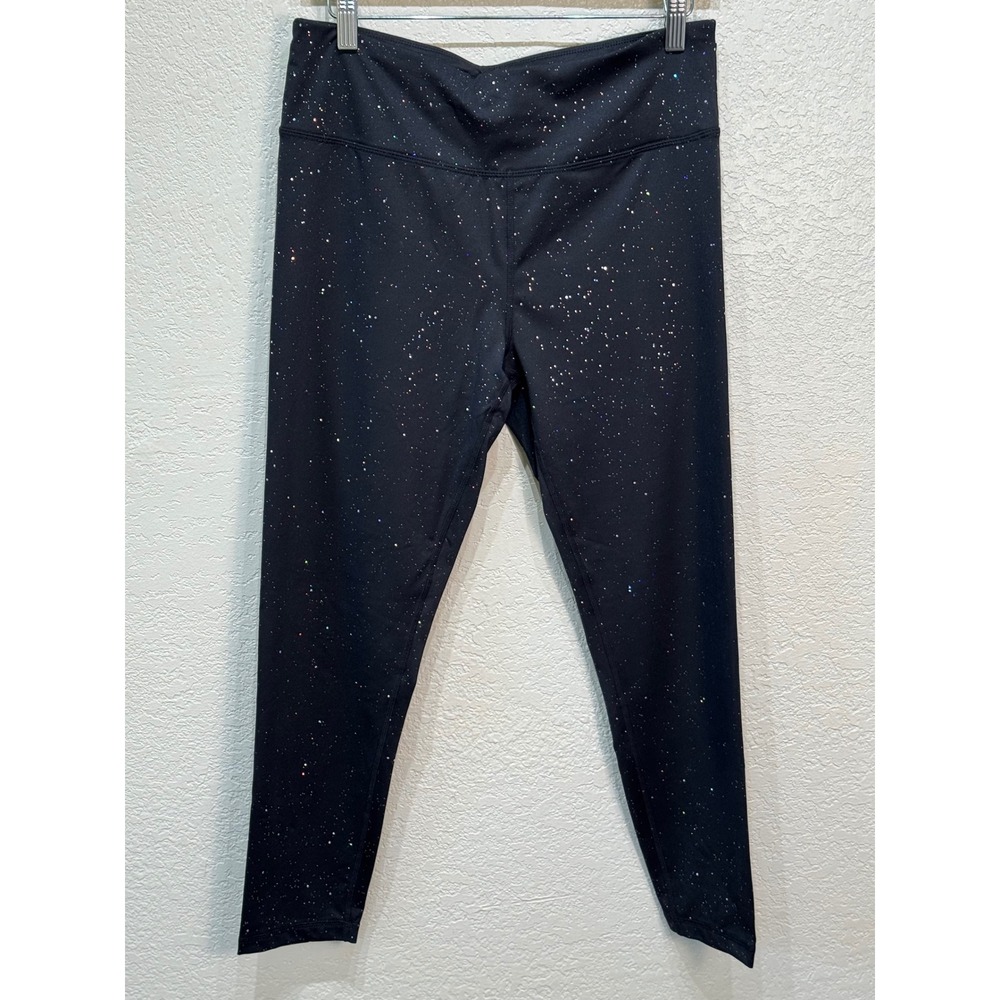 DKNY Sport Womens Black Glitter Galaxy High Rise‎ Leggings Large Sparkle Active